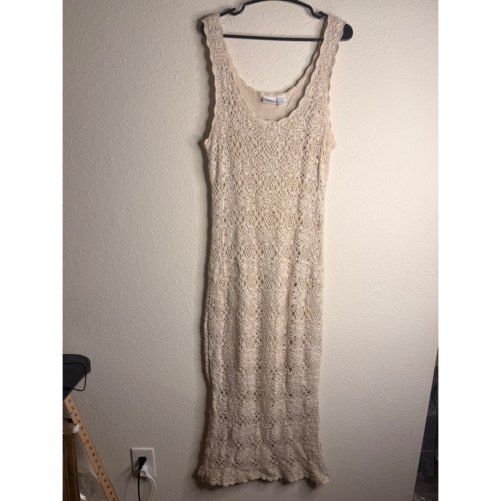 Vintage Newport News Crochet Dress Womens Large Beige Ramie Cotton Knit Maxi 90s